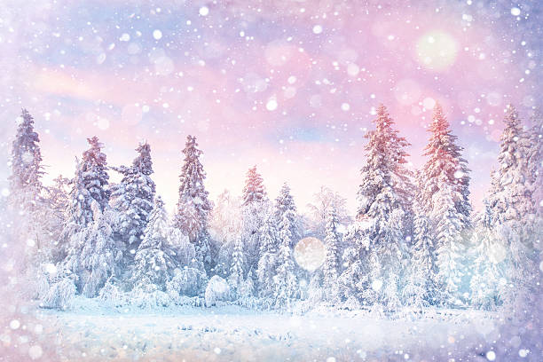 winter landscape trees snowbound, bokeh background with snowflakes
