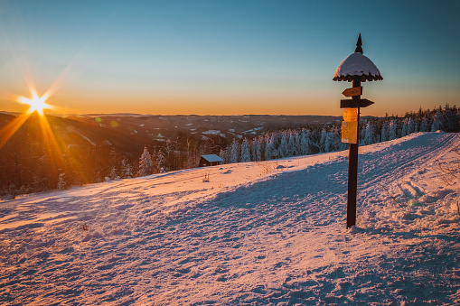 Winter mountain landscape in the early morning, Pustevny, Czech Republic.