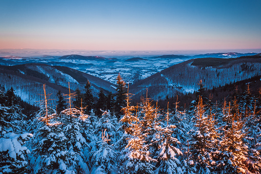 Winter mountain landscape in the early morning, Pustevny, Czech Republic.