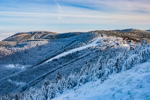 View of the snowy winter mountain landscape Pustevny-Beskydy/Czech Republic
