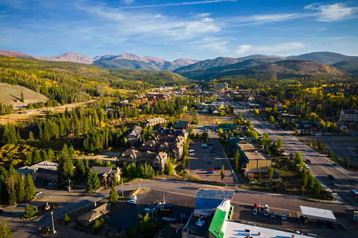 Rocky Mountains and Thick Pine Foresets of Winter Park Colorado during Fall September Aerial Views