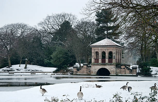 Winter scene of Park boathouse Birkenhead park boathouse on a snowy day with canadian geese feeding in the foreground. the wirral stock pictures, royalty-free photos & images