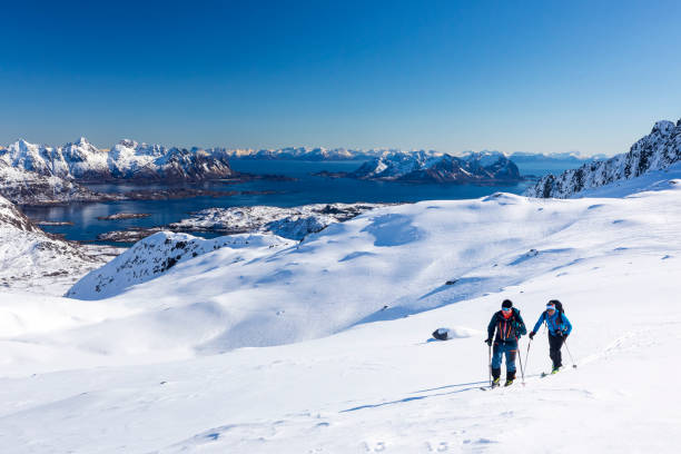 Winter ski hiking in the eternal ice,  Lofoten - Norway stock photo