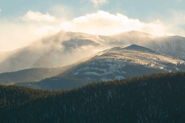 Winter Storm and Wind on Pikes Peak Colorado stock photo