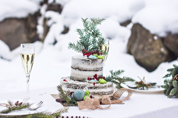 Winter style wedding cake. Rustic style. stock photo