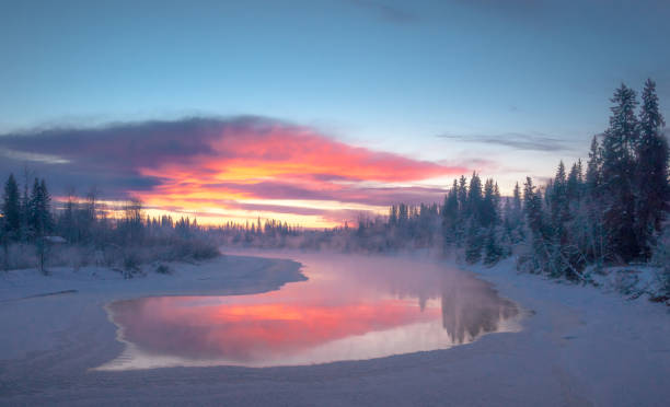 Winter sunset on the Chena River stock photo