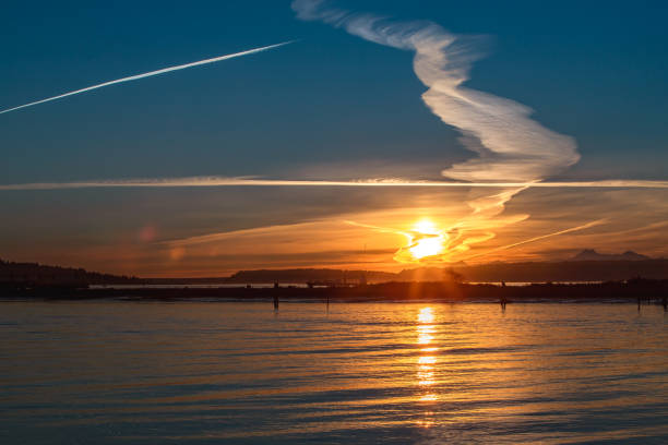 Winter Sunset over Port Gardner Bay in Everett WA stock photo