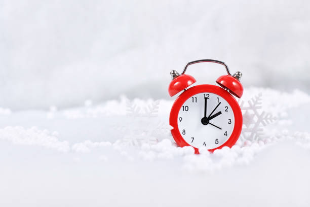 winter time change Winter time change for daylight saving in Europe on October 31st concept with red alarm clock between snow with copy space daylight savings 2021 stock pictures, royalty-free photos & images