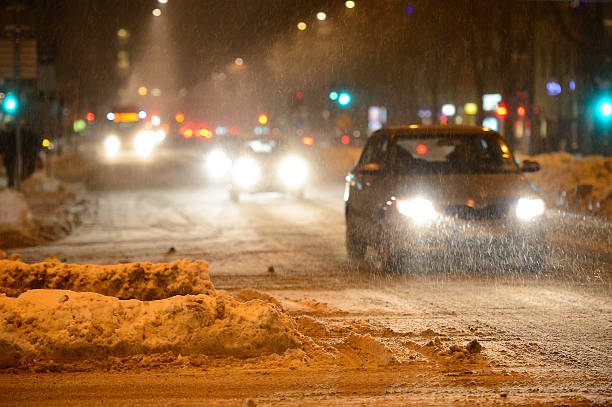 Winter traffic, in snowstorm stock photo
