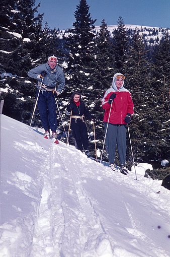 Lachtal, Styria, Austria, 1958. Ski vacationers on a snowy hill.
