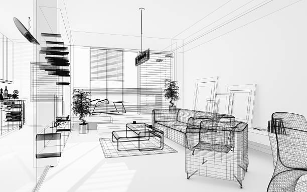 Wireframe 3D Modern Interior. Blueprint. Render Image. Architecture Abstract. stock photo