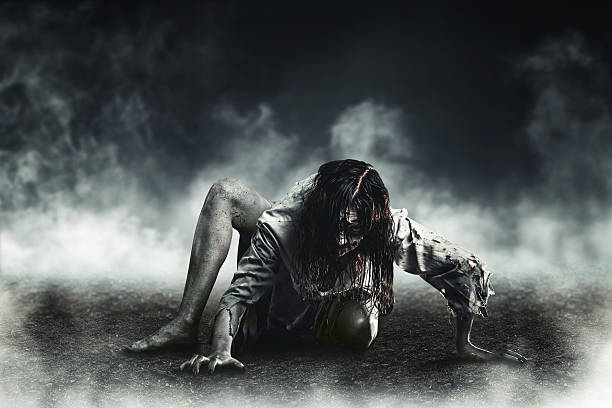 Witch zombie Horror witch zombie against the background of the soaring earth. Halloween. zombie stock pictures, royalty-free photos & images
