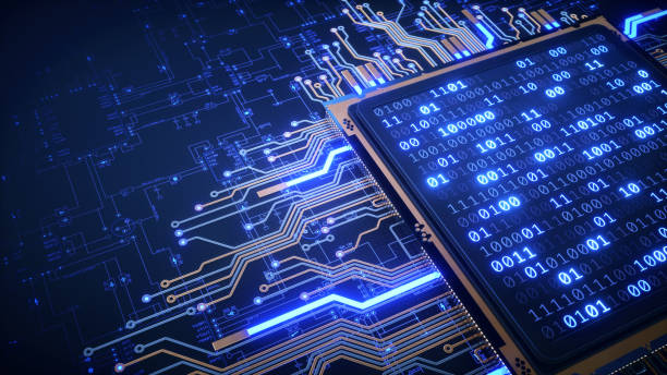 CPU With Binary Numbers And Blueprint Close up view on a CPU with circuitry and binary numbers displayed on top of it. The scene is positioned on a blueprint surface.

 electronics industry photos stock pictures, royalty-free photos & images