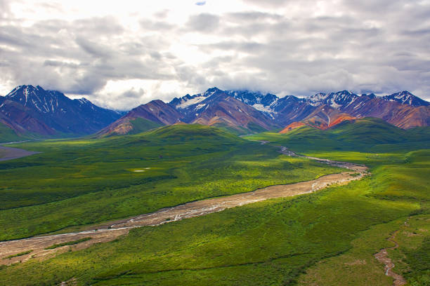 With its huge mountains and surrounded by a wonderful biodiversity lies the Denali National Park and Preserve. River, trees and cloud sky. Landscape, fine art. Parks Hwy, Alaska, EUA: July 28, 2018 stock photo
