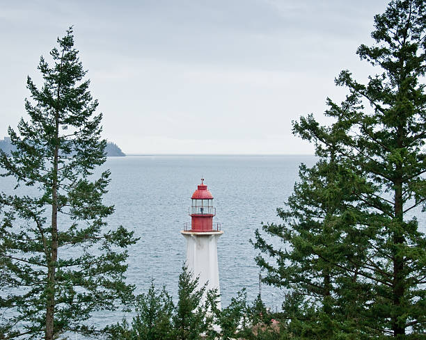 Point Atkinson Lighthouse Framed by Trees With the advent of radar, GPS and other advanced navigation tools, lighthouses no longer need to perform the same function they once did; guiding ships to safety. Instead they have been preserved as historic monuments; reminding us of a time when shipping and sailing were more perilous activities. The Point Atkinson Lighthouse is located at Lighthouse Park in West Vancouver, British Columbia, Canada. jeff goulden lighthouse stock pictures, royalty-free photos & images