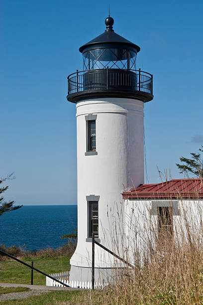 Admiralty Head Lighthouse With the advent of radar, GPS and other advanced navigation tools, lighthouses no longer need to perform the same function they once did; guiding ships to safety. Instead they have been preserved as historic monuments; reminding us of a time when shipping and sailing were more perilous activities. The Admiralty Head Lighthouse is located at Fort Casey State Park on Whidbey Island, Washington State, USA. jeff goulden lighthouse stock pictures, royalty-free photos & images