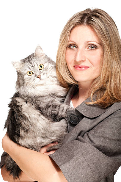 Woman and cat grey stock photo