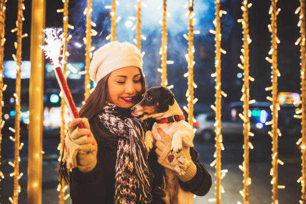 Woman and dog - New Year's Eve Woman and dog - New Year's Eve happy new year dog stock pictures, royalty-free photos & images