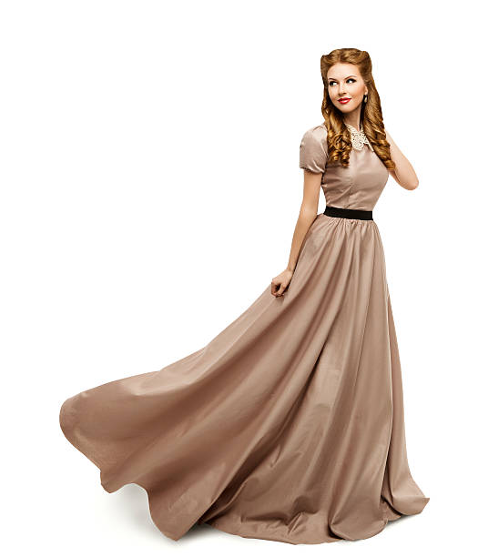 Woman Brown Dress, Fashion Model in Long Gown Turning, White Woman Brown Dress, Fashion Model in Long Gown Turning over White Background victorian gown stock pictures, royalty-free photos & images