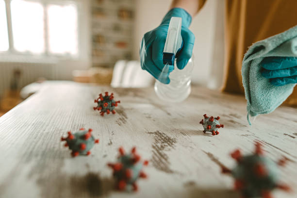 Woman cleaning desk Mature woman cleaning and disinfects table in home office with a disinfectant and a rag. On the table is a model of a corona virus. work table cleaning stock pictures, royalty-free photos & images