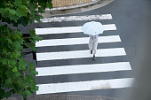 傘で横断歩道を横断する女性