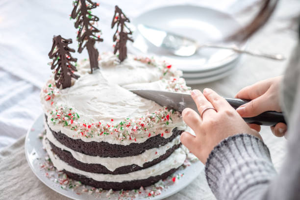 woman cutting vegan chocolate cake decorated with christmas trees - serving a slice of cake imagens e fotografias de stock