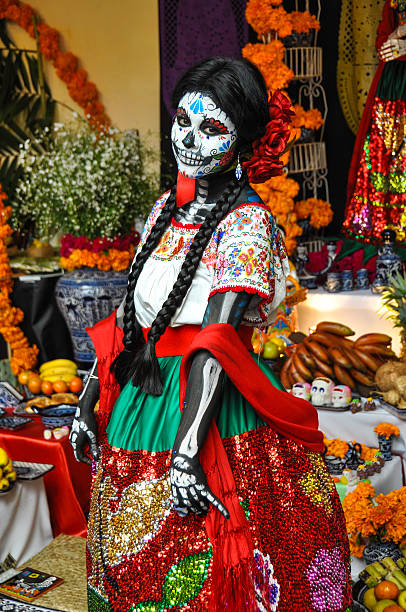 Woman disguised for Dia de los Muertos, Puebla, Mexico stock photo