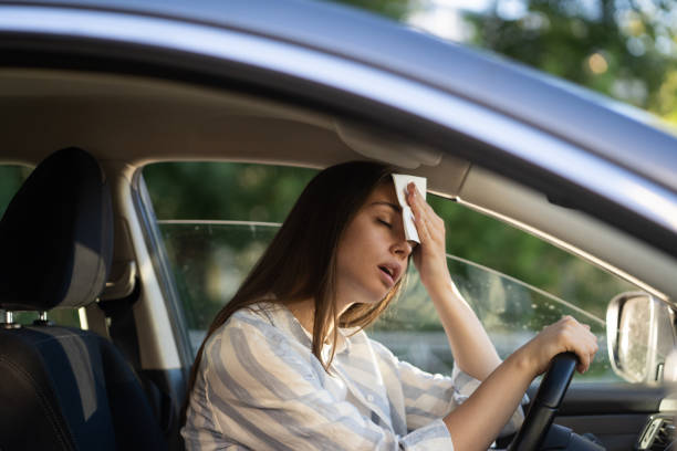 Woman driver being hot during heat wave in car, suffering from hot weather wipes sweat from forehead stock photo