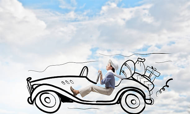 Woman driving old styled drawn car . Mixed media stock photo