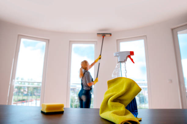 Woman dusting the ceiling with long broom stock photo