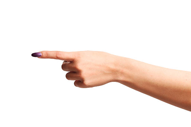 Woman finger pointing out Woman finger wearing purple varnish and pointing out painting fingernails stock pictures, royalty-free photos & images