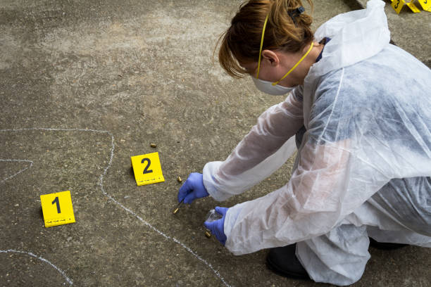 Woman forensic expert collects evidence at the crime scene He packets the bullet shell in the bag crime scene stock pictures, royalty-free photos & images