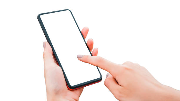 kvinna hand som håller smartphone på vänster hand och pekfinger på pekskärmen mobil med isolerade på vit bakgrund med urklippsbana. - sj bildbanksfoton och bilder