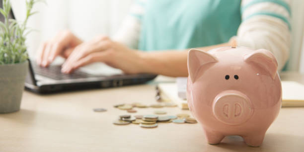 woman hand putting money coin into piggy for saving money wealth and financial concept. stock photo