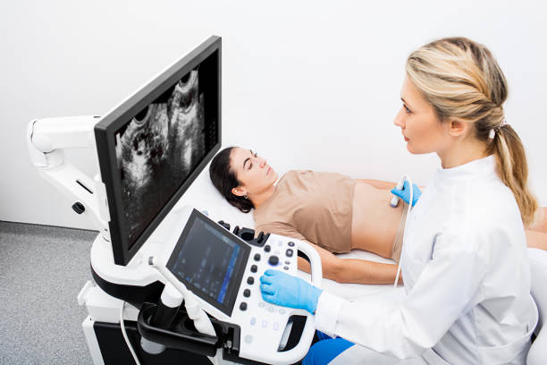 Woman having an ultrasound examination of uterus and ovaries at the gynecologist office in a modern clinic. Women's health Woman having an ultrasound examination of uterus and ovaries at the gynecologist office in a modern clinic. Women's health ovary photos stock pictures, royalty-free photos & images