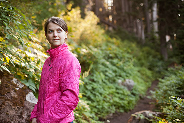 Woman, Hiking Forest Trail stock photo