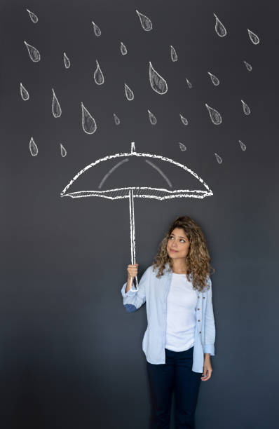 Woman holding an umbrella under the rain Illustration of a beautiful woman holding an umbrella under the rain chalkboard visual aid stock pictures, royalty-free photos & images