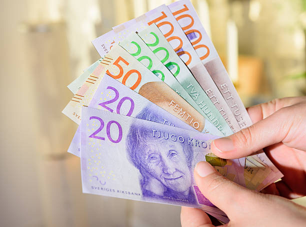 Woman holding new swedish bank notes. NOTE: 2015 model. stock photo