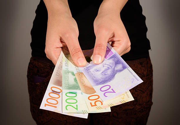 Woman holding new swedish bank notes. NOTE:new 2015 model. stock photo