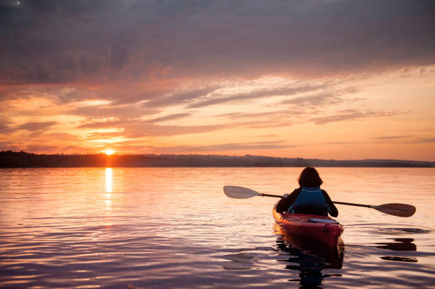 kvinna i en kajak på floden på den vackra solnedgången - woman kayaking bildbanksfoton och bilder