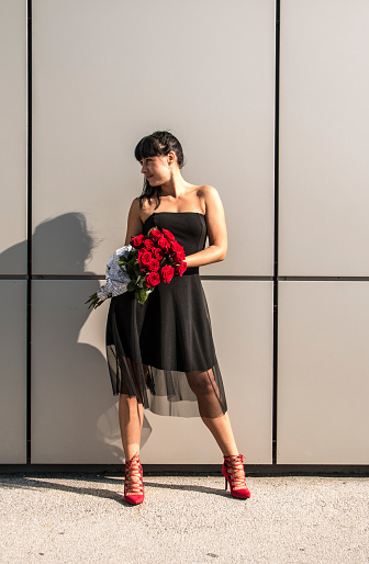 environment ticket Sturdy Woman In Black Dress Red Shoes And Red Flowers Stock Photo - Download Image  Now - Black Color, One Woman Only, Rose - Flower - iStock