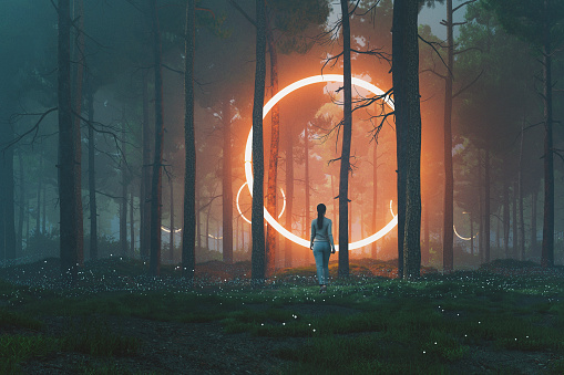 Woman in forest walking towards mysterious object, 3D generated image.