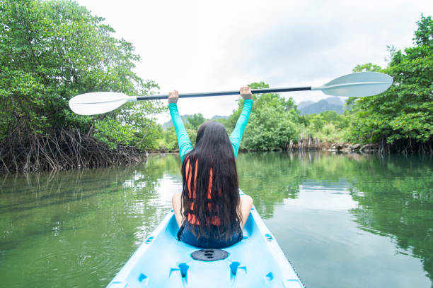 femme dans le kayak sur la petite rivière avec des bras levés. - kayak mangrove photos et images de collection