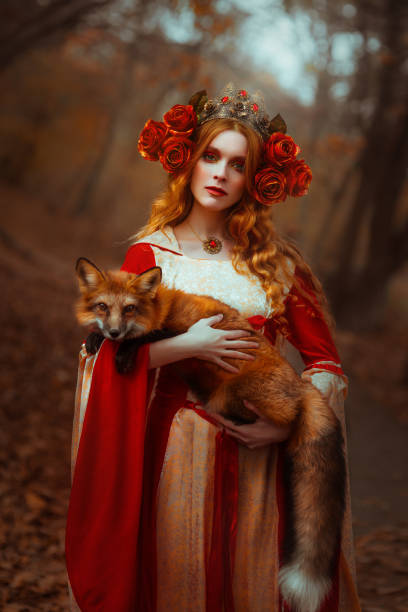 Woman in medieval clothes with a fox A young woman in medieval red dress with a fox victorian gown stock pictures, royalty-free photos & images