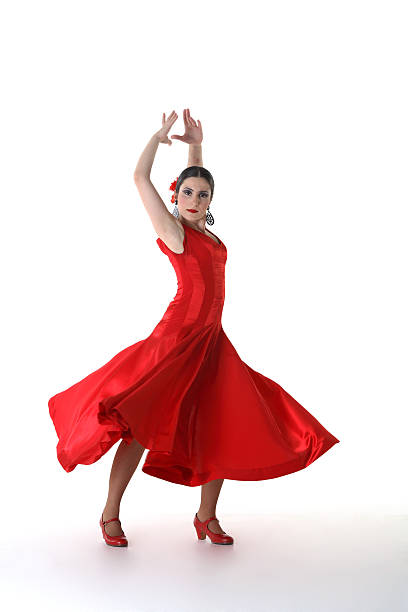 woman in red dress and shoes in flamenco dance pose - salsa dancing stok fotoğraflar ve resimler