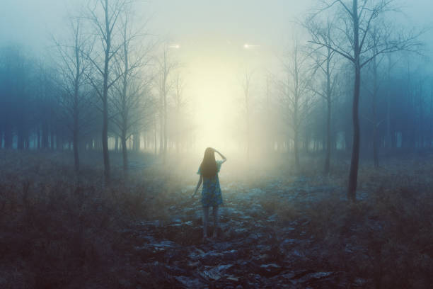 Woman in the forest with mysterious lights at night Woman in the forest with mysterious lights at night, 3D generated image. alien photos stock pictures, royalty-free photos & images