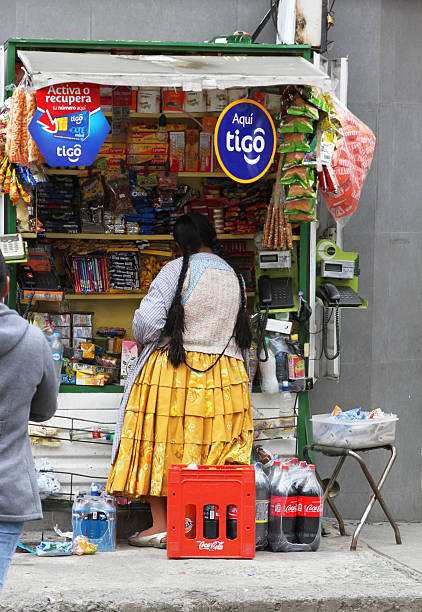 Woman in Traditional Dress Sells in La Paz, Bolivia stock photo