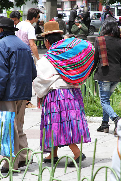 Woman in Traditional Dress Walking in La Paz, Bolivia stock photo