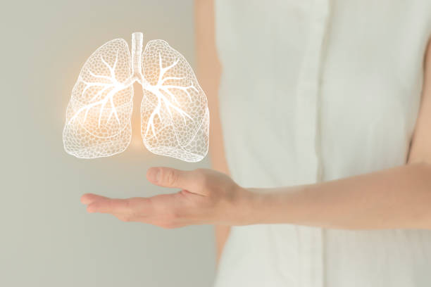 Woman in white clothes, handrawn human lungs, healthcare service concept stock photo stock photo