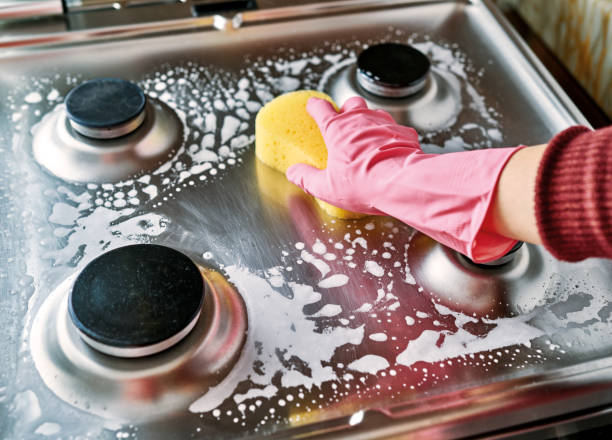 Woman is cleaning oven. stock photo